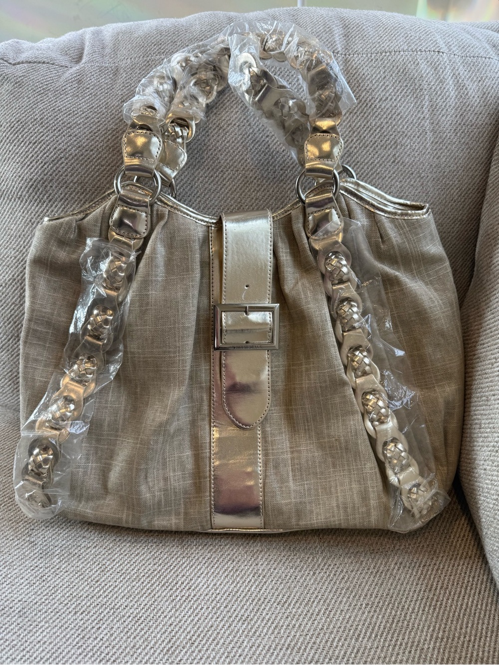White House Black Market Beige Linen Shoulder Bag with Silver Trim